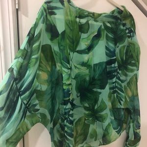 Zara Watercolor Fern Print Sheer Tie Cuff Blouse